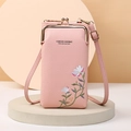 Sacoche téléphone rose texture litchi avec broderie florale et fermoir doré en métal - Rose