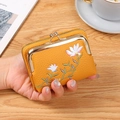 Mini yellow lychee leather coin purse with flower embroidery and metal clasp closure - Yellow