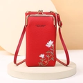 Petit sac bandoulière rouge pour téléphone avec broderie florale et fermoir doré - Rouge