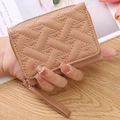 Mini PU leather woven coin purse with heart embroidery in khaki color and wrist strap - Khaki