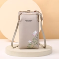 Sac bandoulière beige texturé avec broderie florale et fermoir métallique rétro pour téléphone - Gris