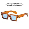 Fashionable square sunglasses with transparent tea frame and light blue lenses for men and women - Regular / Standard (Inc. 13% VAT Invoice) Brown Frame Blue Lenses