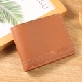 Brown litchi pattern leather bifold wallet with contrast stitching for men - Brown