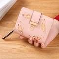 Pink short wallet for women featuring hollow leaf design and gold metal pendant - Pink