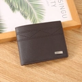 Dark brown bifold wallet for men with geometric stitching and a small metal logo plaque - Coffee