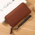 Brown ostrich textured PU leather long wallet with zipper and wrist strap for women - Brown