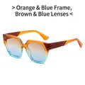Polygonale zonnebril met oranje-blauw verloopmontuur en bijpassende thee-blauwe glazen - Oranje Blauw Frame Bruin Blauwe Lens