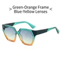 Polygonale zonnebril met groen-oranje gradiënt montuur en blauw-gele glazen - Groen Oranje Frame Blauw Geel Lens