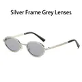 Oval silver metal sunglasses with grey lenses and textured sparkling glitter finish - Regular / Standard Silver Frame with Grey Lenses