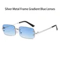 Rimless rectangular sunglasses with silver metal temples and gradient blue lenses - Silver Frame Gradient Blue Lens