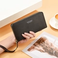 Women's black long wallet with lychee leather texture and golden zipper wrist strap - Black