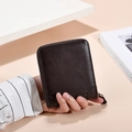 Short coffee brown leather zipper wallet with classic polished texture for men - Dark Coffee