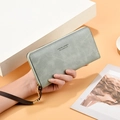 Women's long zipper wallet in grey-green matte finish with wrist strap for phone - Light Green