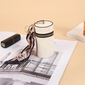 Cream white cylindrical coin purse with gold zipper and decorative silk scarf keychain - White