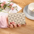 Minimalist beige and brown geometric triangle pattern card wallet with gold zipper - Off White