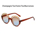 Hip hop round sunglasses featuring champagne tea frames and blue gradient lenses - Champagne Tea Frame Tea Blue Lenses