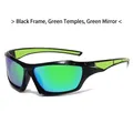 Polarized sports sunglasses with black frame, green tips and green mirrored lenses - Regular / Standard Black Frame Green Temples Green Mirror Lenses