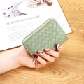 Light green woven leather card holder with gold zipper and minimalist luxury grid design - Light Green