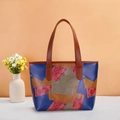 Grote retro patchwork shopper met kleurrijke vlakken en bruine schouderbanden - Rood en Blauw Color Block (Roze)
