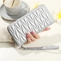 Silver quilted long wallet for women with wristlet strap and zipper closure - Silver