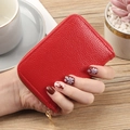 Red lychee pattern PU leather card holder with gold zipper for women and men - Red