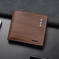 Schlanke dunkelbraune Ledergeldbörse mit horizontaler Textur und blauem Diamantstickerei - Kaffeebraun
