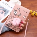 Bolso bandolera rosa de cuero PU para móvil con diseño de zorro y colgante de pompón - Rosa