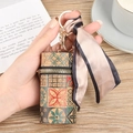 Cork texture lipstick case with vintage floral pattern, golden keychain and silk ribbon - Geometric Floral (No.9)