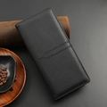 Classic black pebbled leather long wallet with decorative stitching for professional men - Black