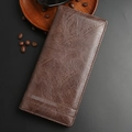 Brown long wallet with crocodile texture and vintage leather finish for men - Coffee
