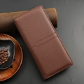 Brown leather long wallet for men with pebbled texture and zip-around business design - Coffee