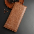 Brown long leather wallet for men featuring vintage cracked texture and zipper closure - Brown