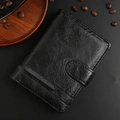 Classic black men's tri-fold business wallet in vintage oil wax PU leather with buckle - Black