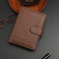 Dark brown cross-grain leather passport wallet with secure buckle and stylish texture - Coffee