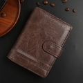 Dark brown vintage PU leather tri-fold wallet for men with textured finish and snap closure - Coffee