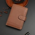 Brown Saffiano leather passport holder with U-shaped snap closure and card slots - Brown