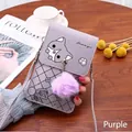 Purple vertical crossbody phone bag featuring a cute cat print and plush ball charm - Light Purple