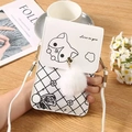 Minimalist white PU leather crossbody phone bag with cute cartoon cat and pompom charm - Off-white