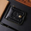Men's black leather zip wallet with vintage lychee texture and cowboy knight logo - Black