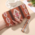 Bohemian style long zipper wallet with brown geometric tribal print and wrist strap - Brown