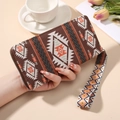 Bohemian style long canvas wallet with geometric patterns and matching wrist strap - Dark Brown