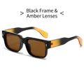 Square black sunglasses with brown lenses and gradient tortoiseshell temples with gold studs - Black Frame Tea Lens