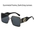 Fashionable gunmetal square sunglasses with dark gray lenses and gold metallic temple detail - Gunmetal Frame Black Grey Lens
