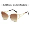 Gafas de sol poligonales doradas con lentes degradados té y detalles de diamantes finos - Marco Dorado Lente Té Degradado
