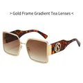 Gold frame square sunglasses with gradient brown lenses and tortoise shell temples - Gold Frame Gradient Tea Lens