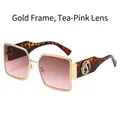 Fashionable oversized square sunglasses with gold metal frame and gradient tea pink lenses - Gold Frame Tea Pink Gradient Lens