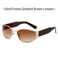 Futuristic oval sunglasses with golden metal frame and gradient brown lenses - Gold Frame Gradient Tea Lens