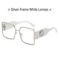 Modern silver metal oversized square sunglasses with white temples and clear lenses - Regular / Standard Silver Frame with Clear Lenses