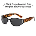 Futuristic oval sunglasses featuring black frames with stylish leopard print temples - Regular / Regular Black Leopard Print Frame Sunglasses with Black-Grey Lenses