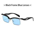 Square black frame sunglasses with unique wavy texture and light blue semi-rimless lenses - Black Frame Blue Lens